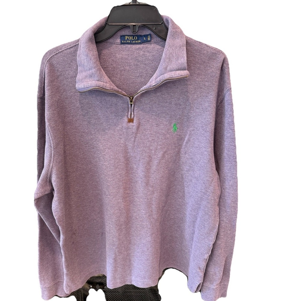 Polo Ralph Lauren Men's L‎ Cotton 1/4 Zip Cotton Pullover Purple Green Pony